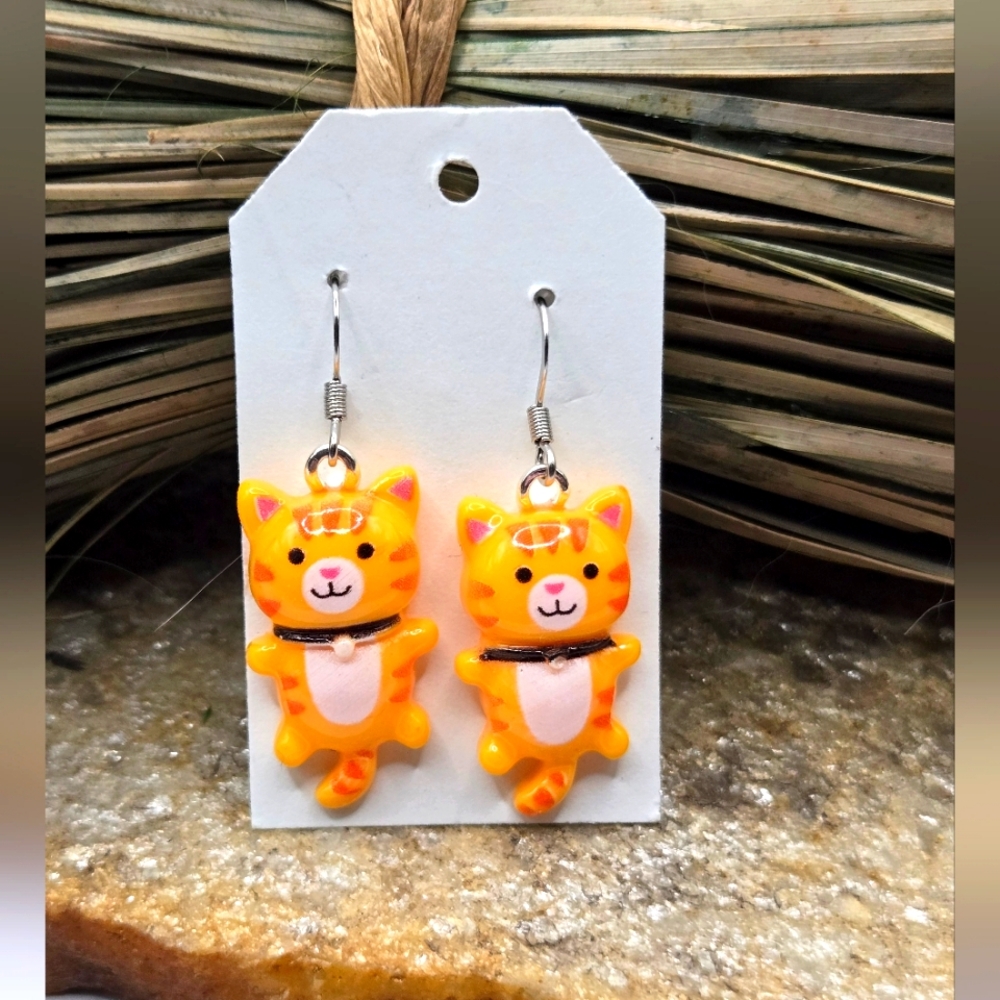 Orange Cat Earrings Pierced Cat Lady Dangle Drop Jewelry Light Weight Handmade